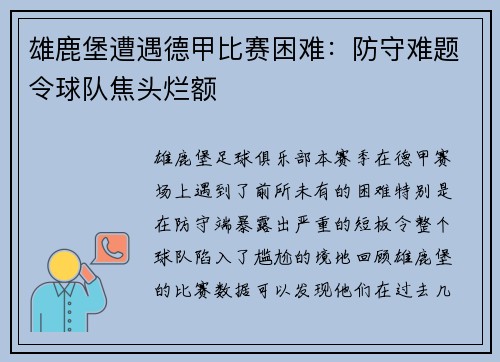 雄鹿堡遭遇德甲比赛困难：防守难题令球队焦头烂额