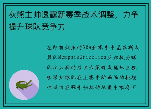 灰熊主帅透露新赛季战术调整，力争提升球队竞争力